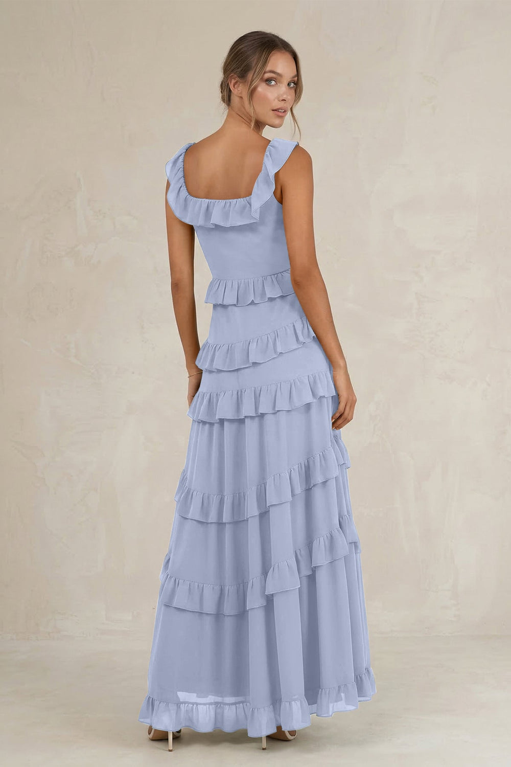 Tiered Square Neck Ruffled A-Line Bridesmaid Dress in Ice