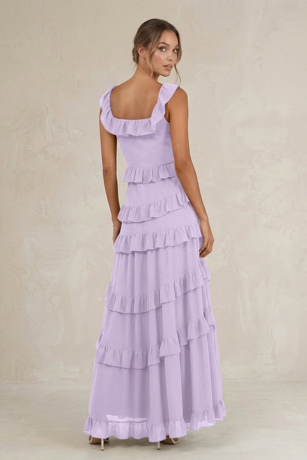 Tiered Square Neck Ruffled A - Line Bridesmaid Dress in Lavender - KISS BRIDAL Bridesmaid Dresses