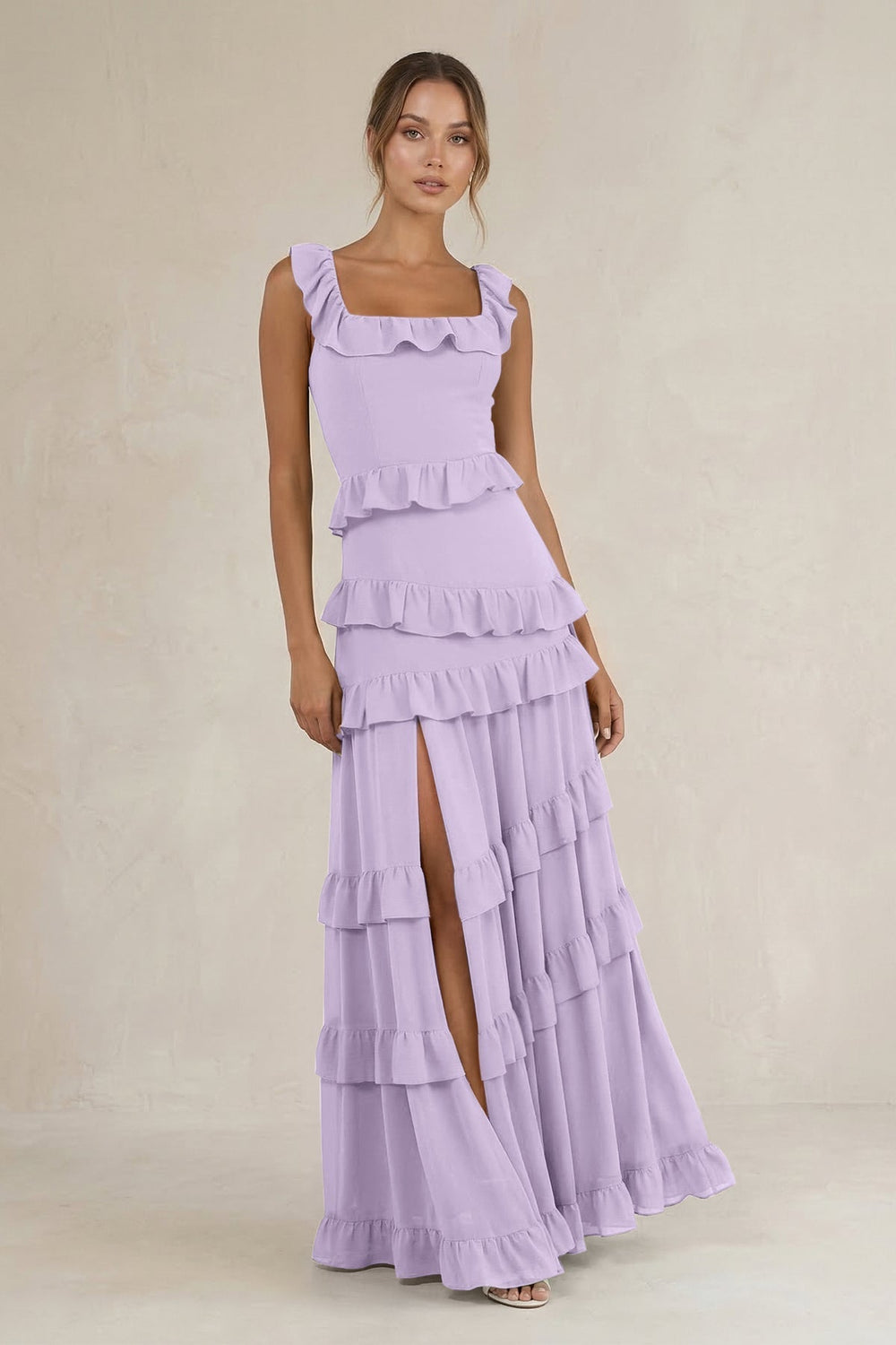 Tiered Square Neck Ruffled A-Line Bridesmaid Dress in Lavender