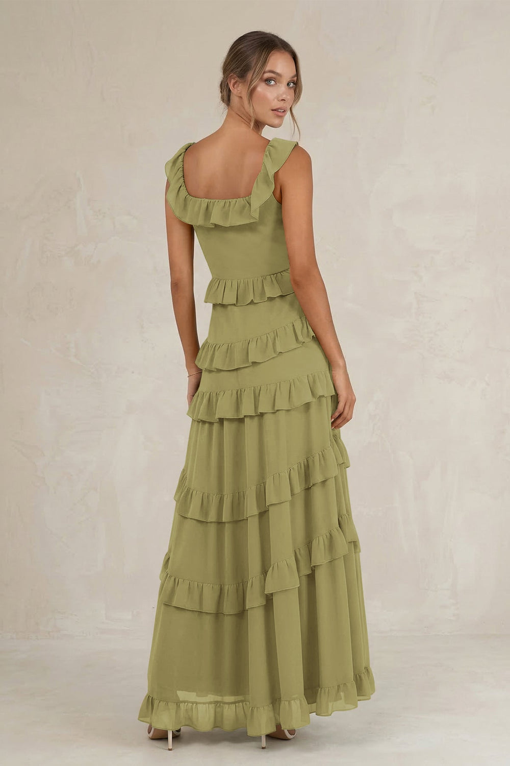 Tiered Square Neck Ruffled A-Line Bridesmaid Dress in Moss Green