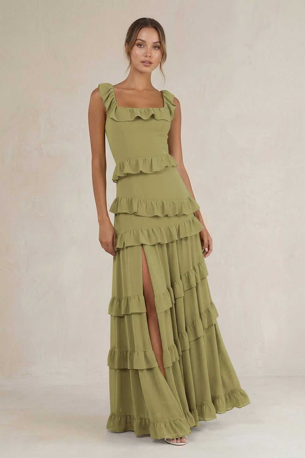 Tiered Square Neck Ruffled A-Line Bridesmaid Dress in Moss Green
