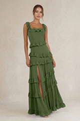 Tiered Square Neck Ruffled A-Line Bridesmaid Dress in Moss | KISSBRIDAL