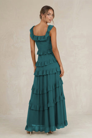 Tiered Square Neck Ruffled A - Line Bridesmaid Dress in Pine - KISS BRIDAL Bridesmaid Dresses