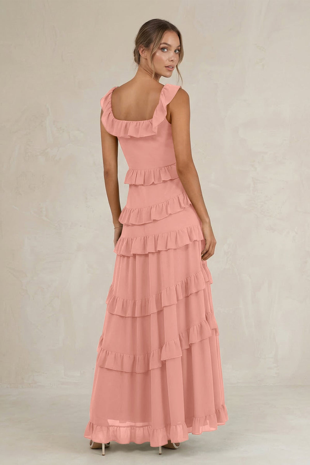 Tiered Square Neck Ruffled A-Line Bridesmaid Dress in Rosette