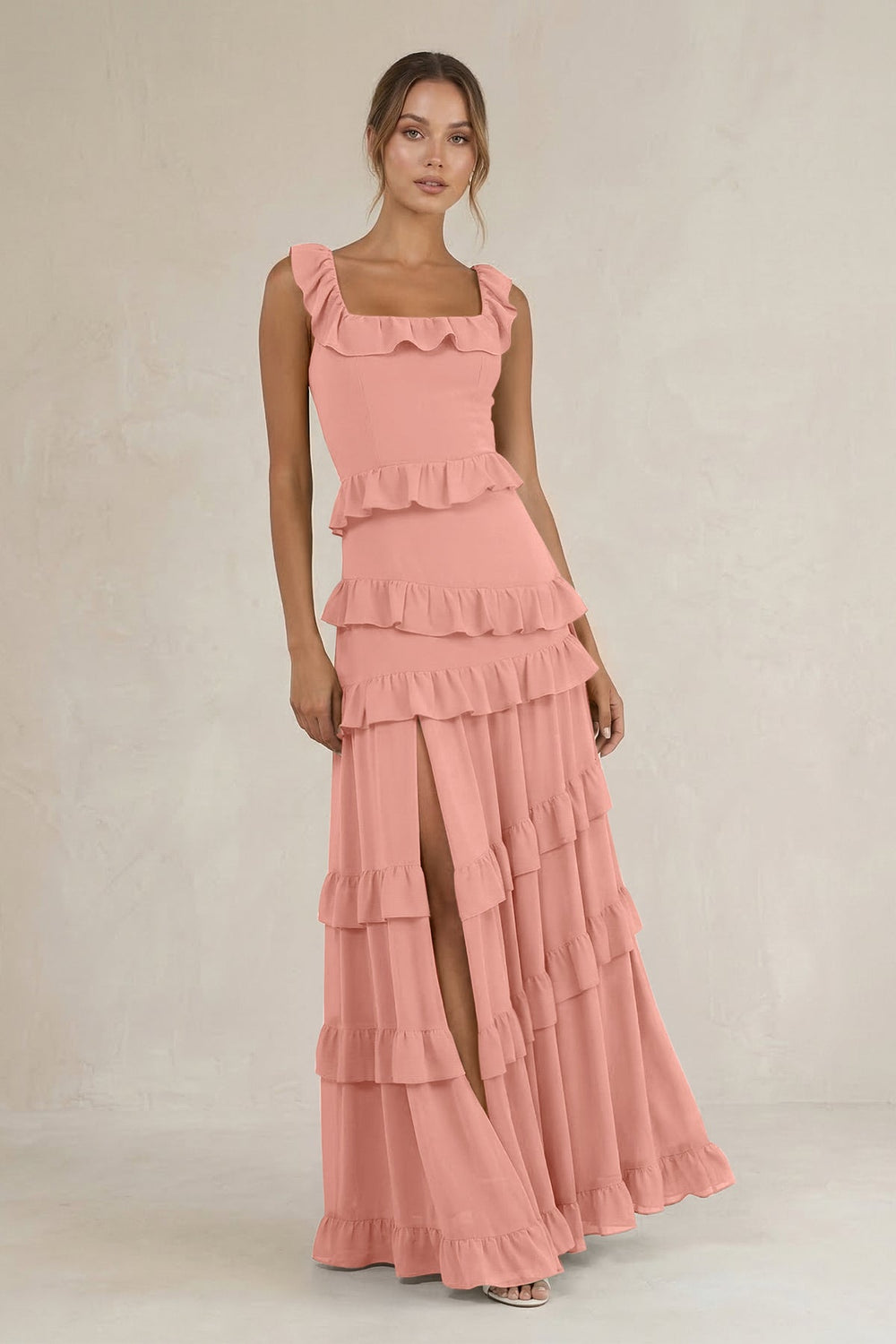 Tiered Square Neck Ruffled A-Line Bridesmaid Dress in Rosette