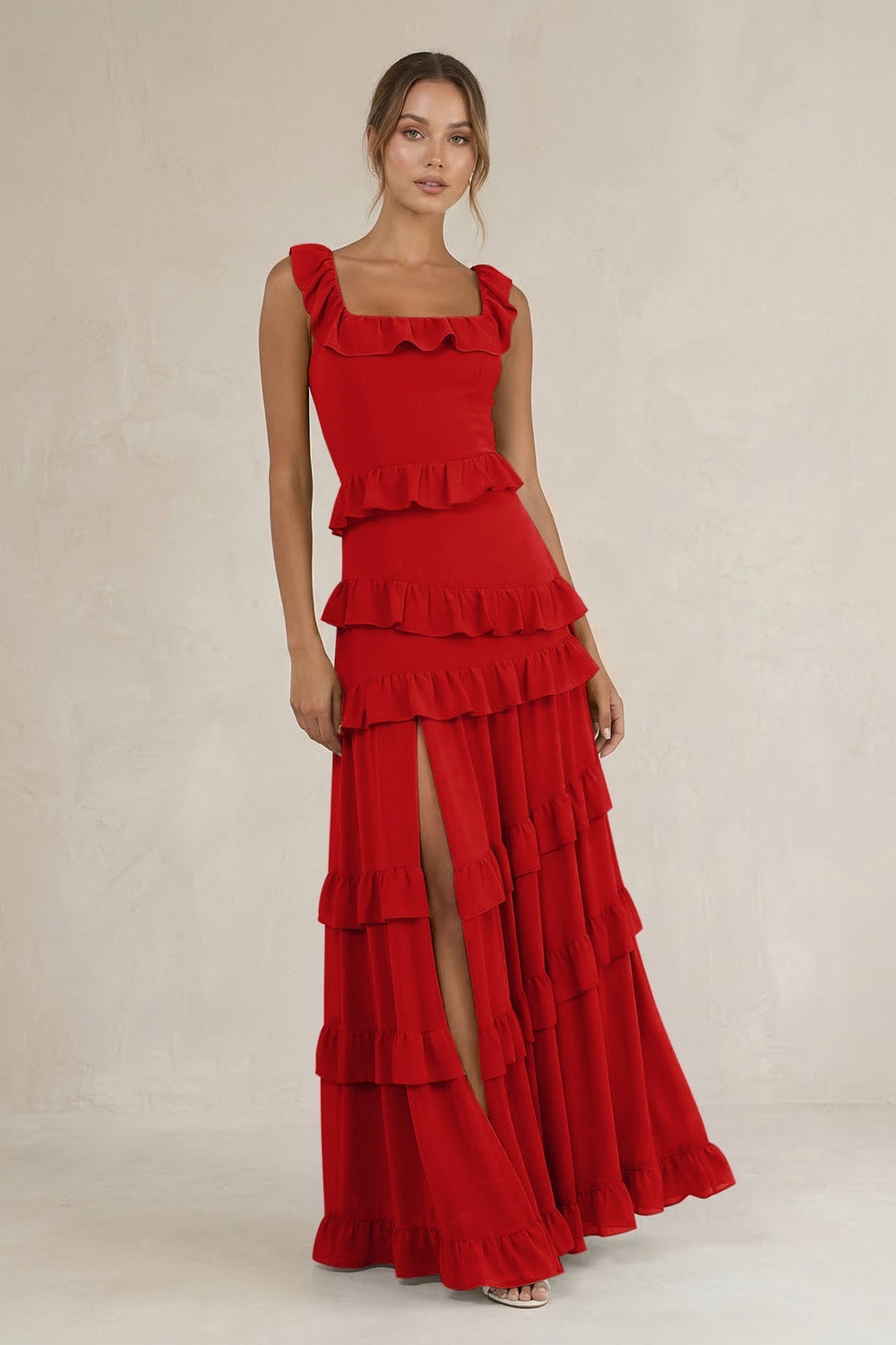 Tiered Square Neck Ruffled A-Line Bridesmaid Dress in Ruby Red