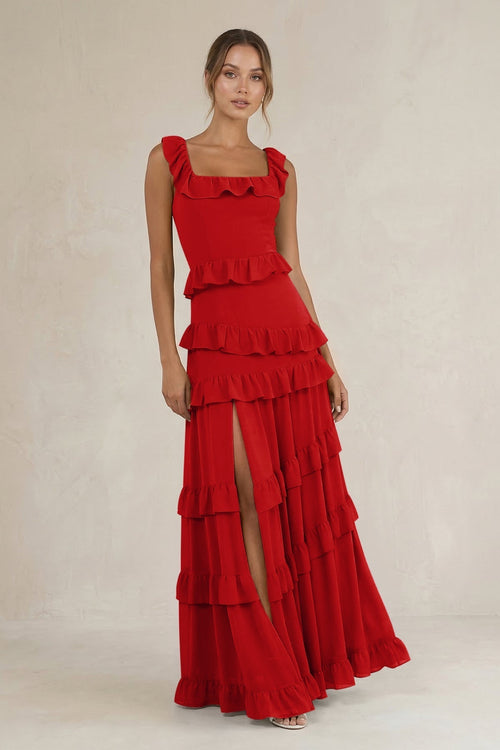 Tiered Square Neck Ruffled A - Line Bridesmaid Dress in Ruby Red - KISS BRIDAL Bridesmaid Dresses