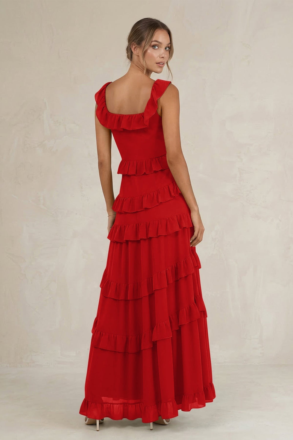 Tiered Square Neck Ruffled A-Line Bridesmaid Dress in Ruby Red