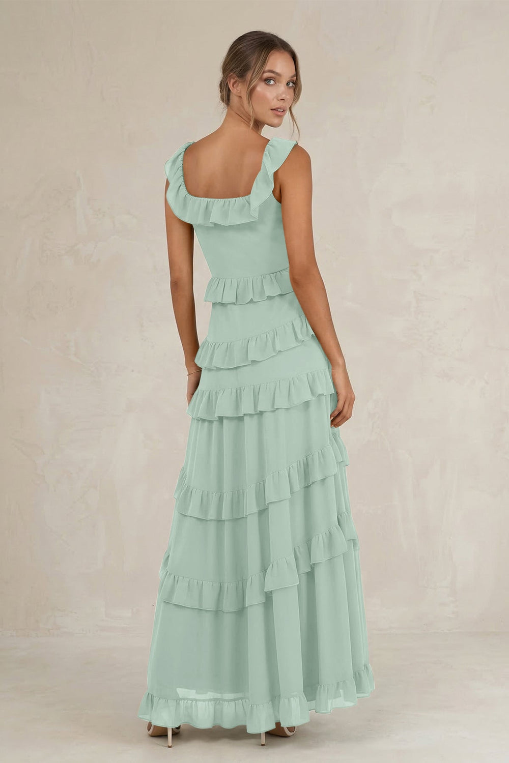Tiered Square Neck Ruffled A-Line Bridesmaid Dress in Sage