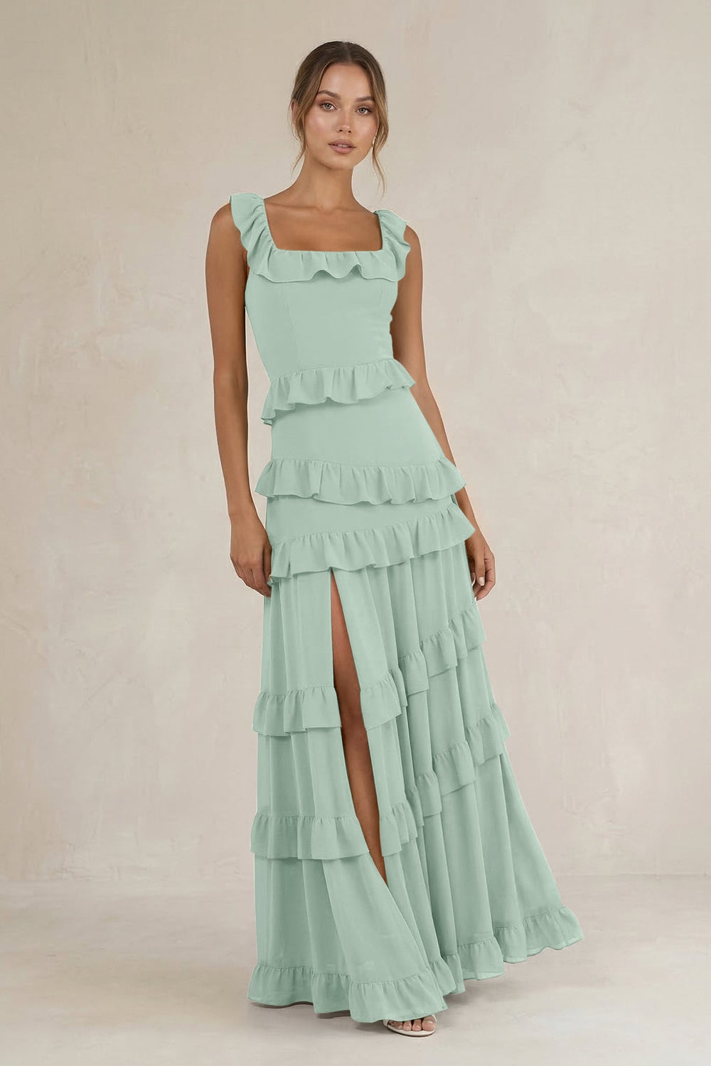 Tiered Square Neck Ruffled A-Line Bridesmaid Dress in Sage