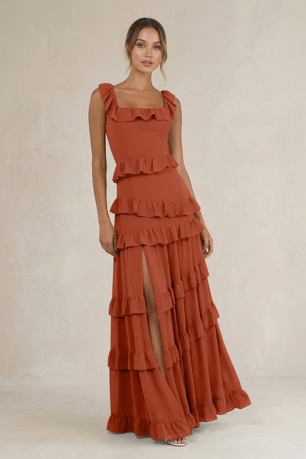 Tiered Square Neck Ruffled A-Line Bridesmaid Dress in Spice