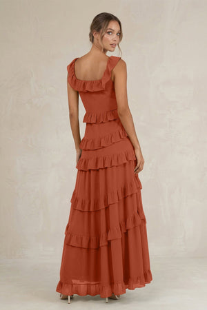 Tiered Square Neck Ruffled A - Line Bridesmaid Dress in Spice - KISS BRIDAL Bridesmaid Dresses
