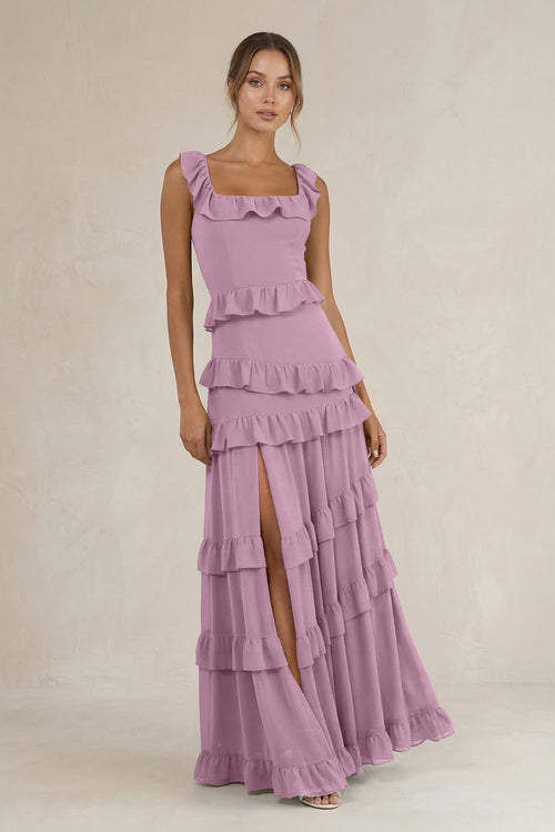 Tiered Square Neck Ruffled A - Line Bridesmaid Dress in Wisteria - KISS BRIDAL Bridesmaid Dresses