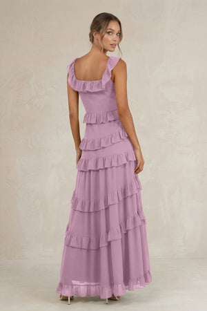 Tiered Square Neck Ruffled A - Line Bridesmaid Dress in Wisteria - KISS BRIDAL Bridesmaid Dresses