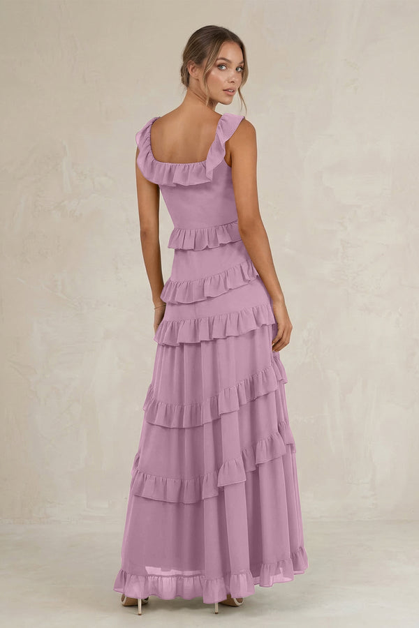 Tiered Square Neck Ruffled A - Line Bridesmaid Dress in Wisteria - KISS BRIDAL Bridesmaid Dresses