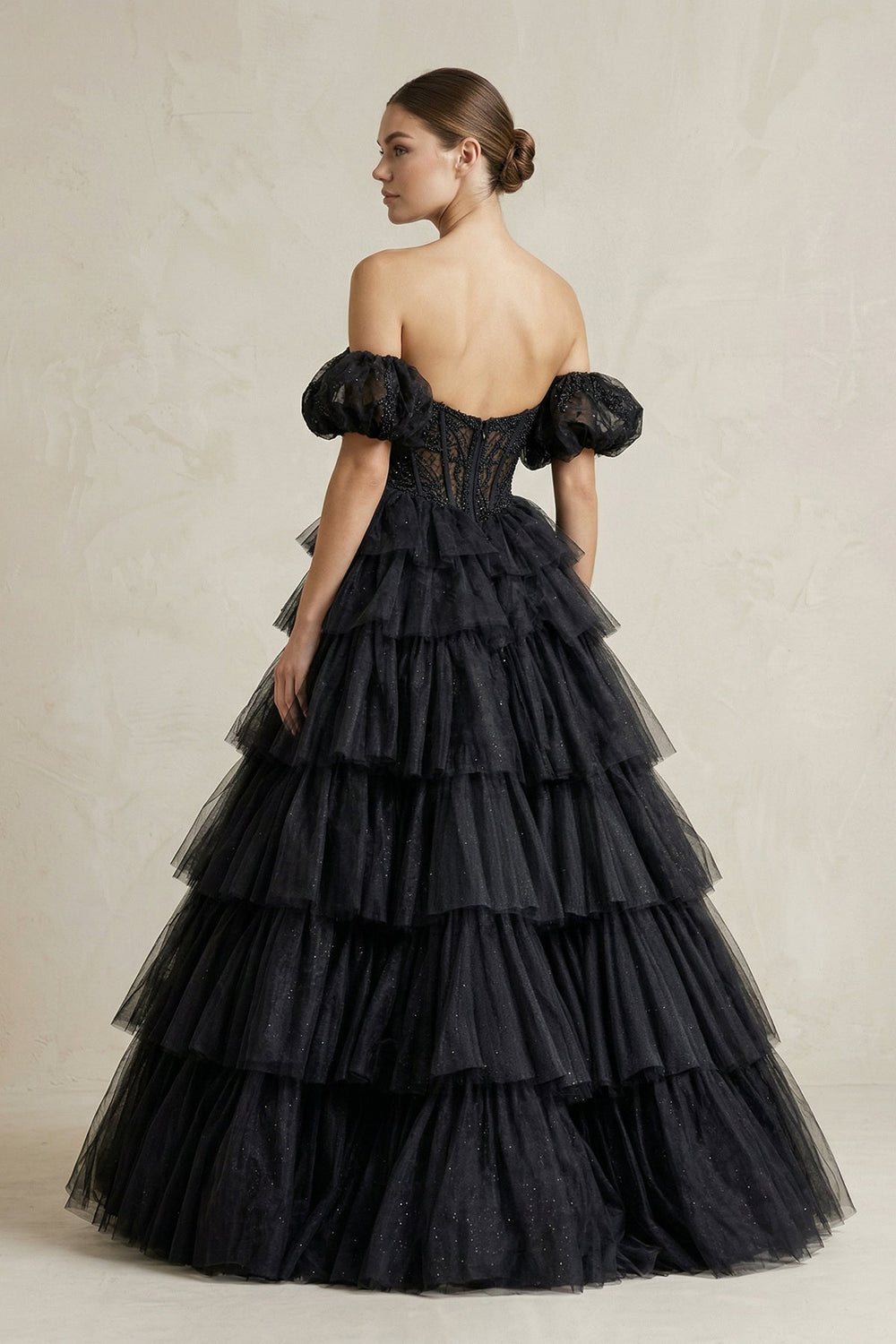 Tiered Tulle Off-the-Shoulder Ball-Gown Wedding Dress in Black