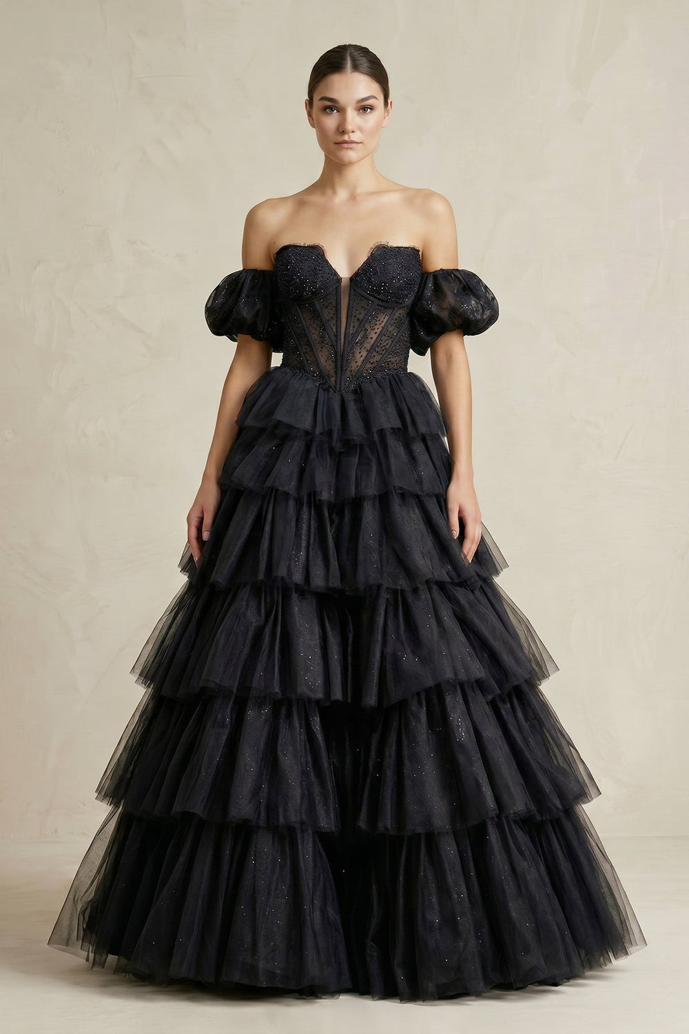 Tiered Tulle Off-the-Shoulder Ball-Gown Wedding Dress in Black