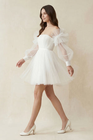 Tulle A - Line Long Sleeves Mini Wedding Dress in Ivory - KISS BRIDAL Wedding Dresses
