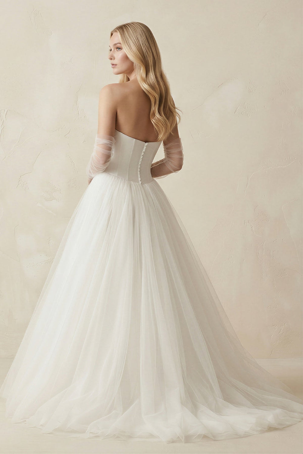Tulle Ball-Gown Strapless Wedding Dress With Sleeves in Ivory