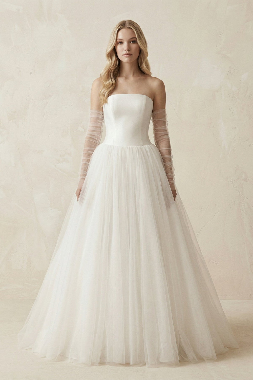 Tulle Ball-Gown Strapless Wedding Dress With Sleeves in Ivory