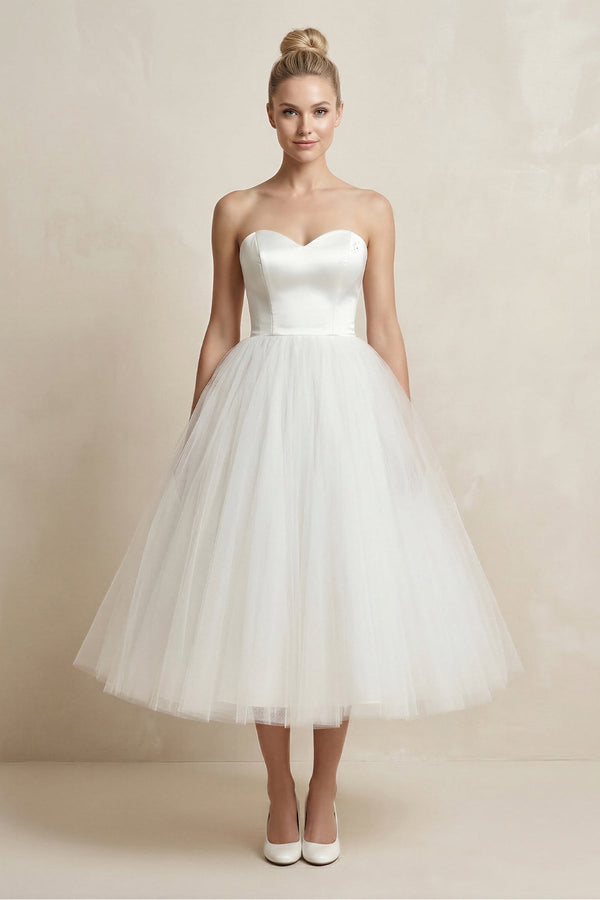 Tulle A - Line Sweetheart Midi Wedding Dress in White - KISS BRIDAL Wedding Dresses