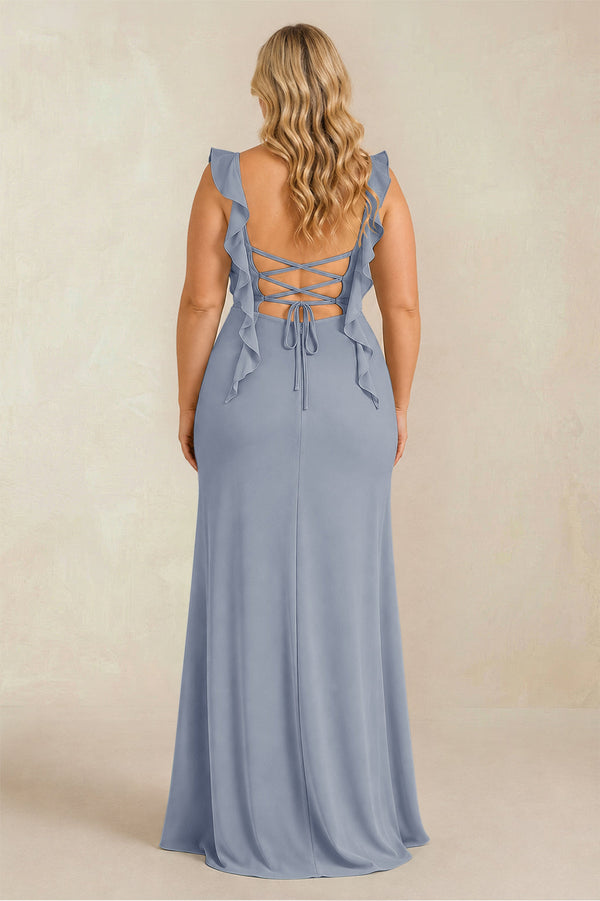 Twilight Ruffled Sleeve Ruched Sheath Chiffon Bridesmaid Dress (2) [sizeplus] | KISSBRIDAL