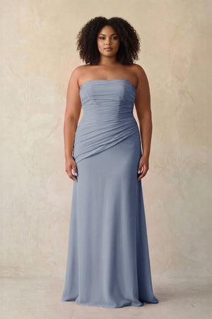 Twilight Sheath Chiffon Strapless Pleated Bridesmaid Dress | KISSBRIDAL[sizeplus]