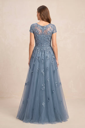Twilight V-Neck Short Sleeves Tulle A-Line Appliqued Mother of the Brides Dress (2) | KISSBRIDAL