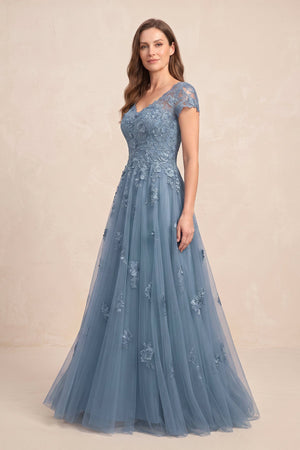 Twilight V-Neck Short Sleeves Tulle A-Line Appliqued Mother of the Brides Dress (3) | KISSBRIDAL