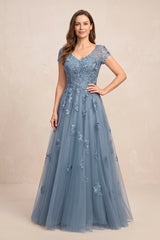 Twilight V-Neck Short Sleeves Tulle A-Line Appliqued Mother of the Brides Dress | KISSBRIDAL