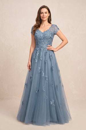 Twilight V-Neck Short Sleeves Tulle A-Line Appliqued Mother of the Brides Dress | KISSBRIDAL