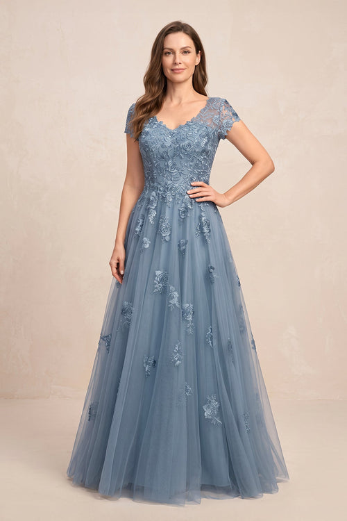Twilight V-Neck Short Sleeves Tulle A-Line Appliqued Mother of the Brides Dress | KISSBRIDAL