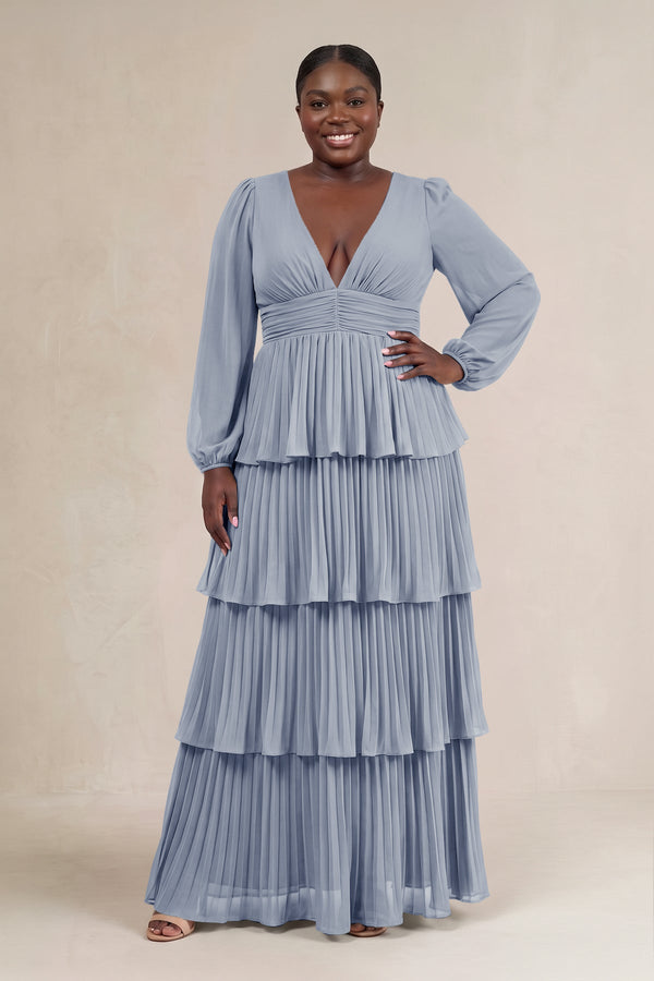 Twilight V-Neck Tiered A-Line Long Sleeve Bridesmaid Dress [sizeplus] | KISSBRIDAL