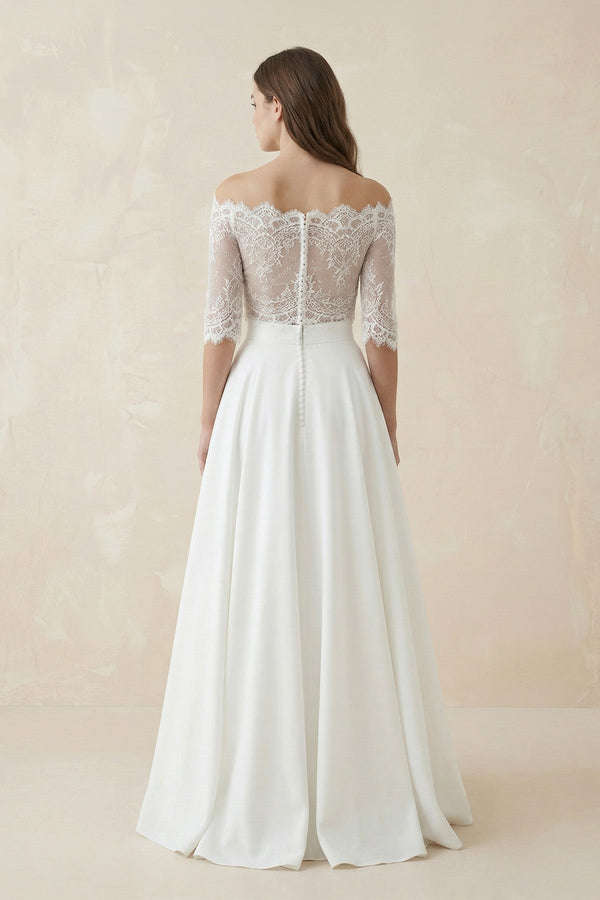 Two Piece A Line Satin Wedding Dress With Lace in Ivory - KISS BRIDAL Wedding Dresses