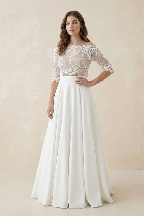 Two Piece A Line Satin Wedding Dress With Lace in Ivory - KISS BRIDAL Wedding Dresses