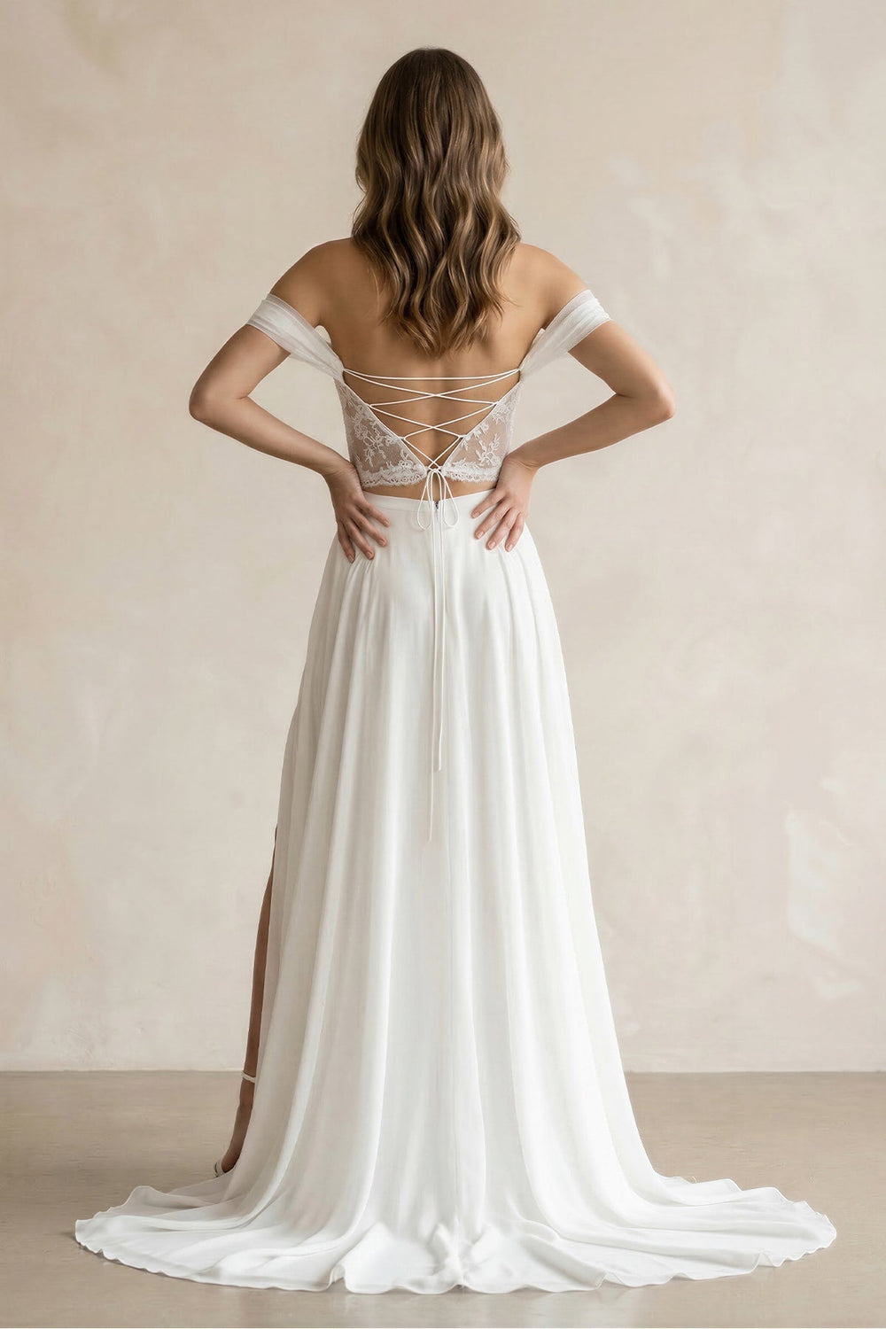 Two-Piece Chiffon Off-the-Shoulder A-Line Wedding Dress in White
