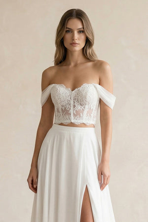 Two - Piece Chiffon Off - the - Shoulder A - Line Wedding Dress in White - KISS BRIDAL Wedding Dresses