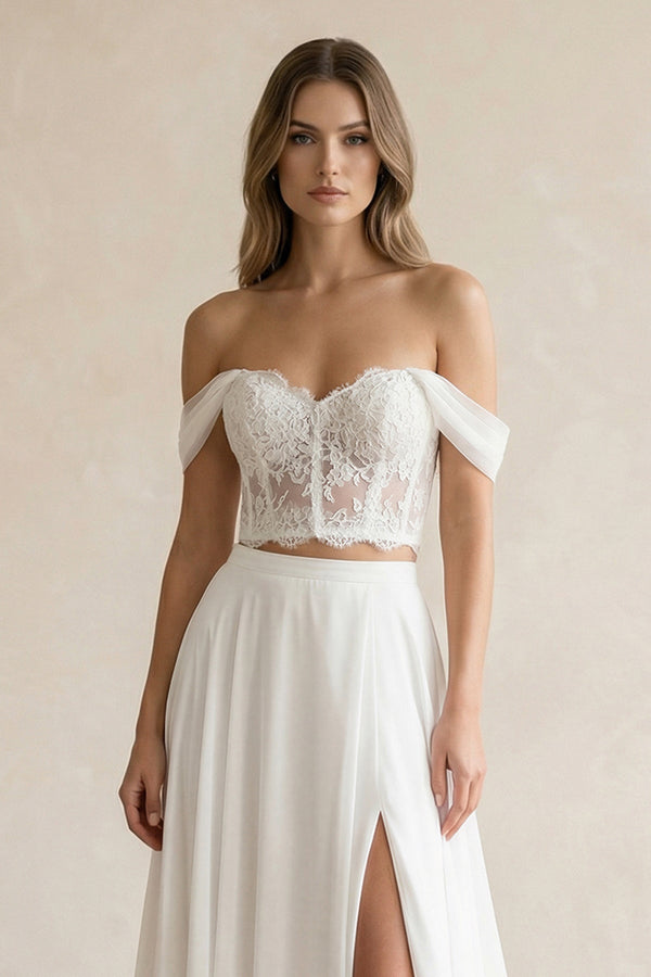 Two - Piece Chiffon Off - the - Shoulder A - Line Wedding Dress in White - KISS BRIDAL Wedding Dresses