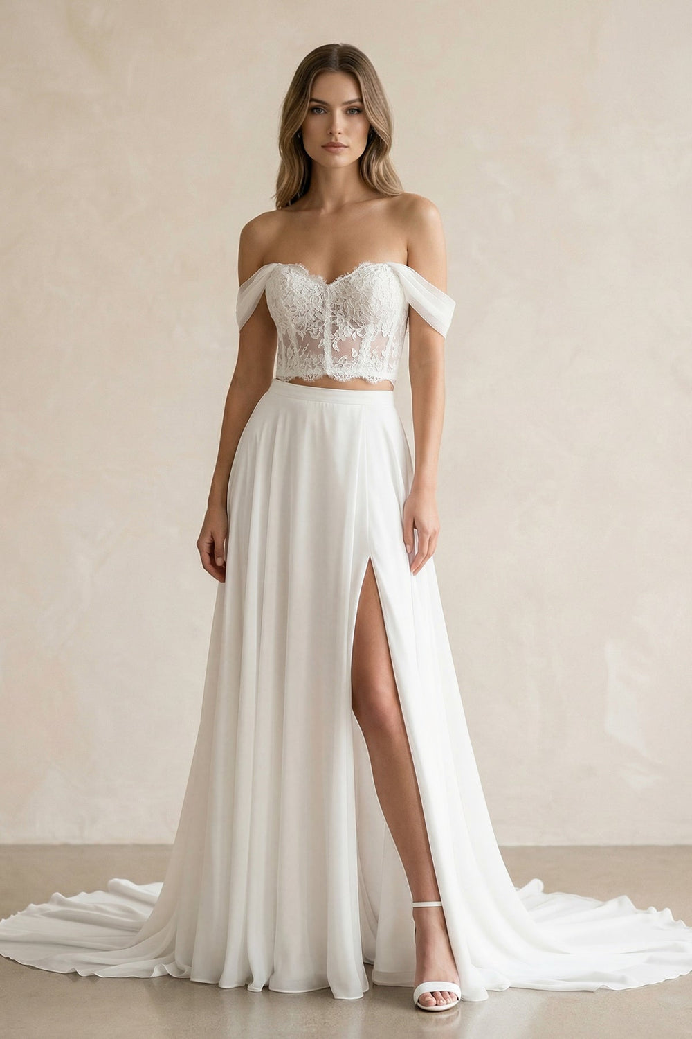 Two-Piece Chiffon Off-the-Shoulder A-Line Wedding Dress in White