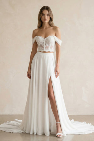 Two - Piece Chiffon Off - the - Shoulder A - Line Wedding Dress in White - KISS BRIDAL Wedding Dresses