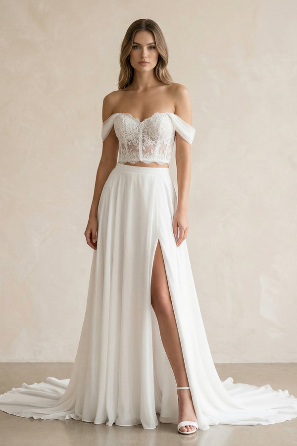 Two - Piece Chiffon Off - the - Shoulder A - Line Wedding Dress in White - KISS BRIDAL Wedding Dresses