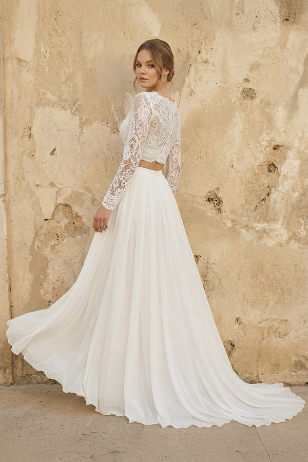 Two Piece V Neck Chiffon Wedding Dress in Ivory - KISS BRIDAL Wedding Dresses