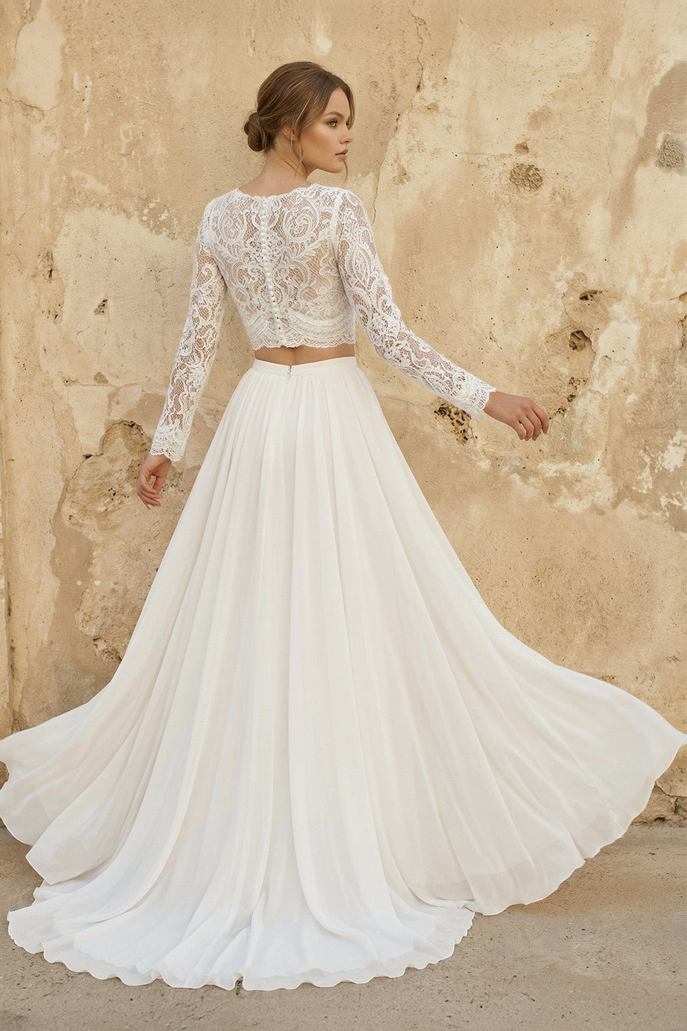 Two Piece V Neck Chiffon Wedding Dress in Ivory