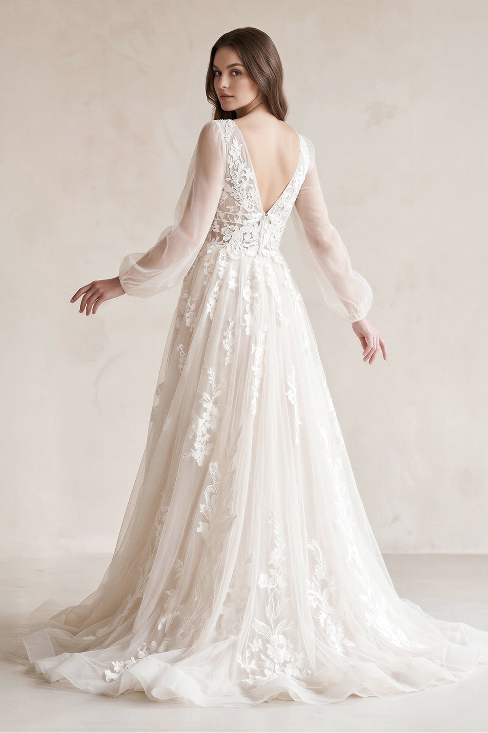 V-Neck A-Line Appliqued Tulle Long Sleeves Wedding Dress in White