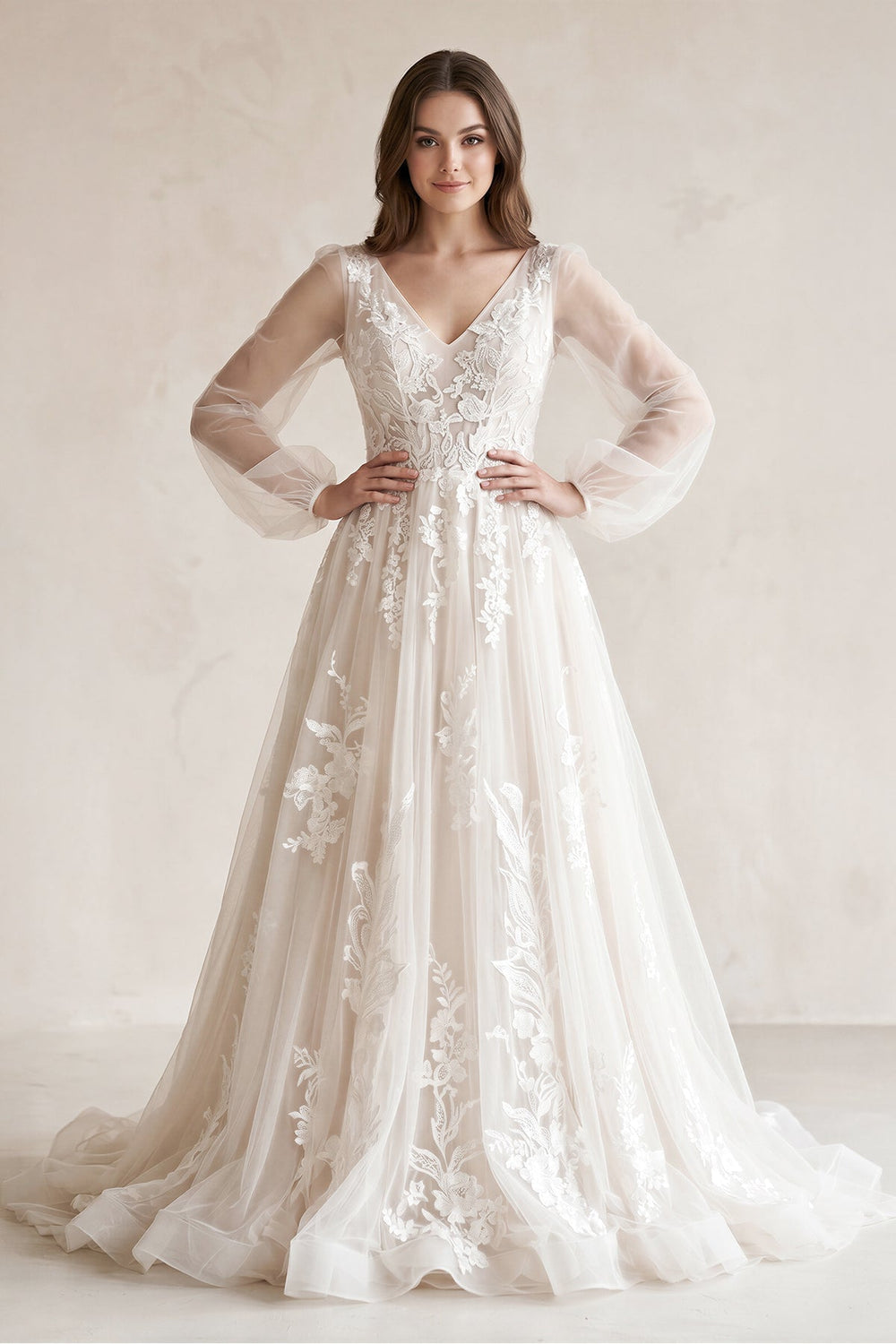 V-Neck A-Line Appliqued Tulle Long Sleeves Wedding Dress in White
