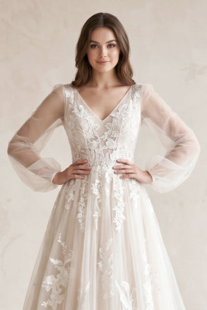 V - Neck A - Line Appliqued Tulle Long Sleeves Wedding Dress in White - KISS BRIDAL Wedding Dresses