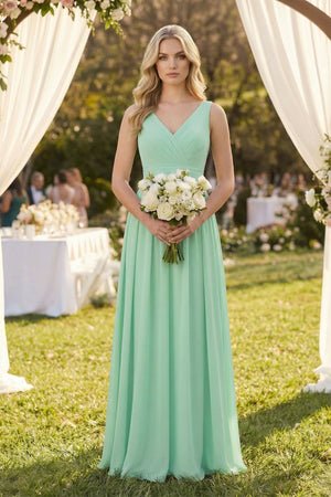 V - Neck A - Line Bridesmaid Dress with Back Bow - KISS BRIDAL Bridesmaid Dresses