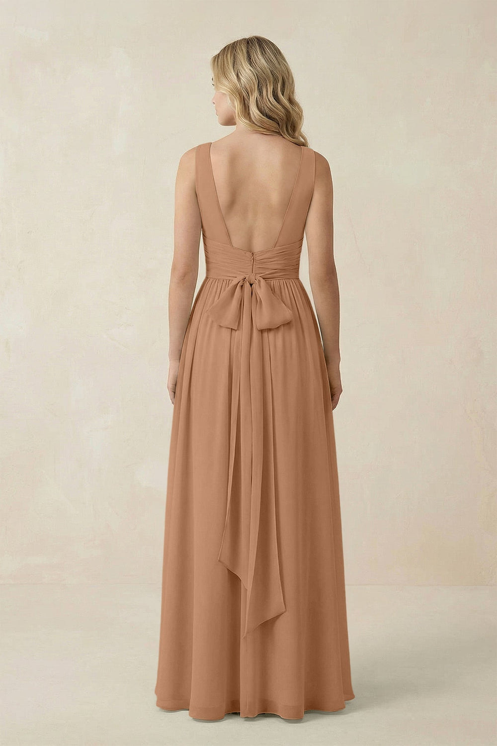 V-Neck A-Line Bridesmaid Dress with Back Bow in Bronzer