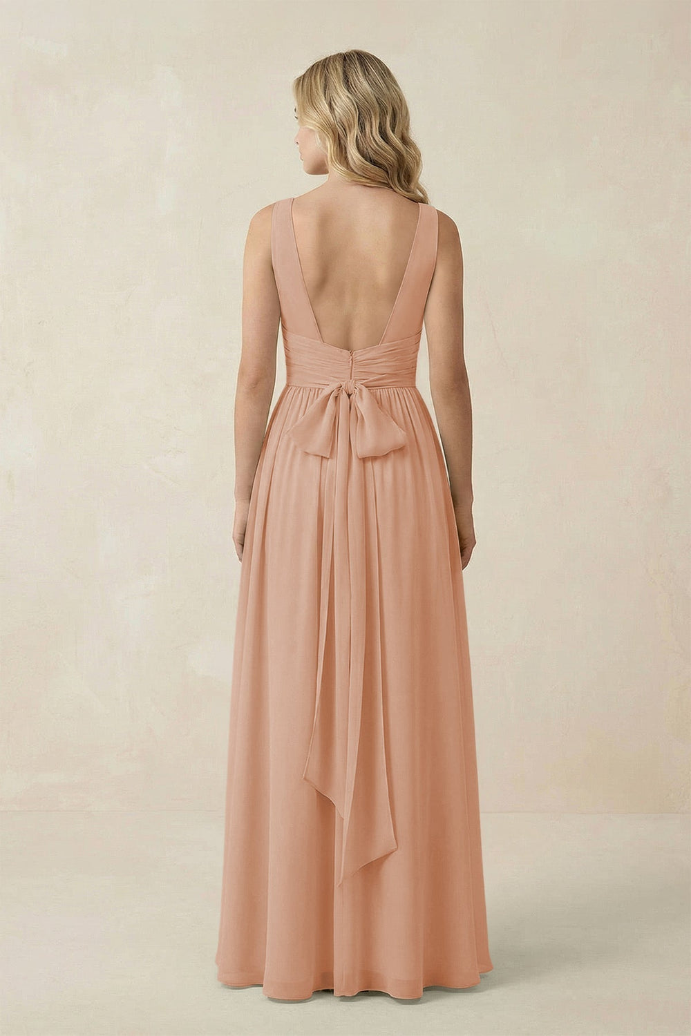 V-Neck A-Line Bridesmaid Dress with Back Bow in Champagne Rose