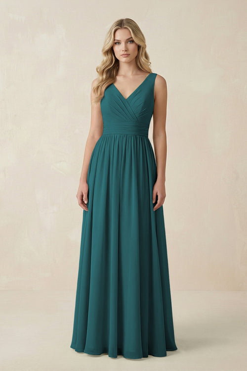 V - Neck A - Line Bridesmaid Dress with Back Bow in Pine - KISS BRIDAL Bridesmaid Dresses